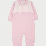 Baby Girl - Cashmere Romper With Polo Collar, Butterfly Stitch And Bow Detail