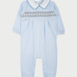 Baby Boy - 100% Pima Cotton Smocked Babygro With Pointed Flat Collar